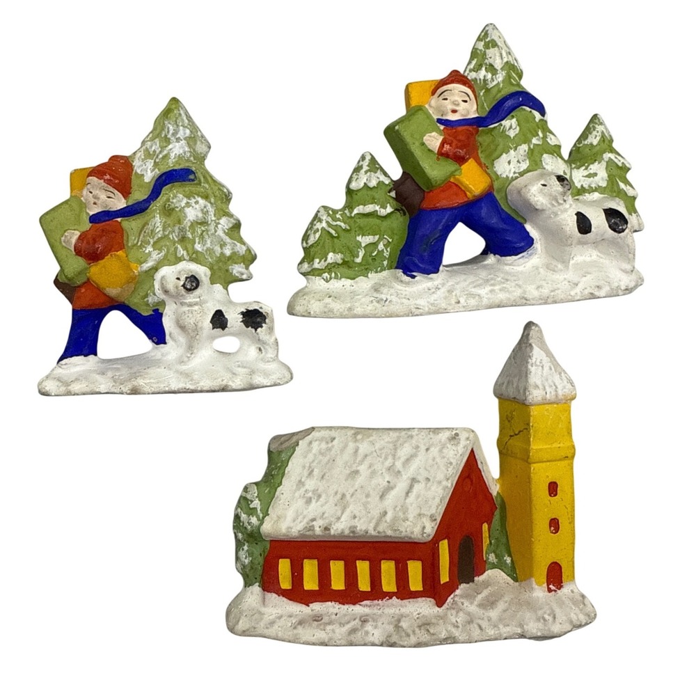 Christmas Village Japan 1950s Church Kids Dog Paper Mache Set of 3
